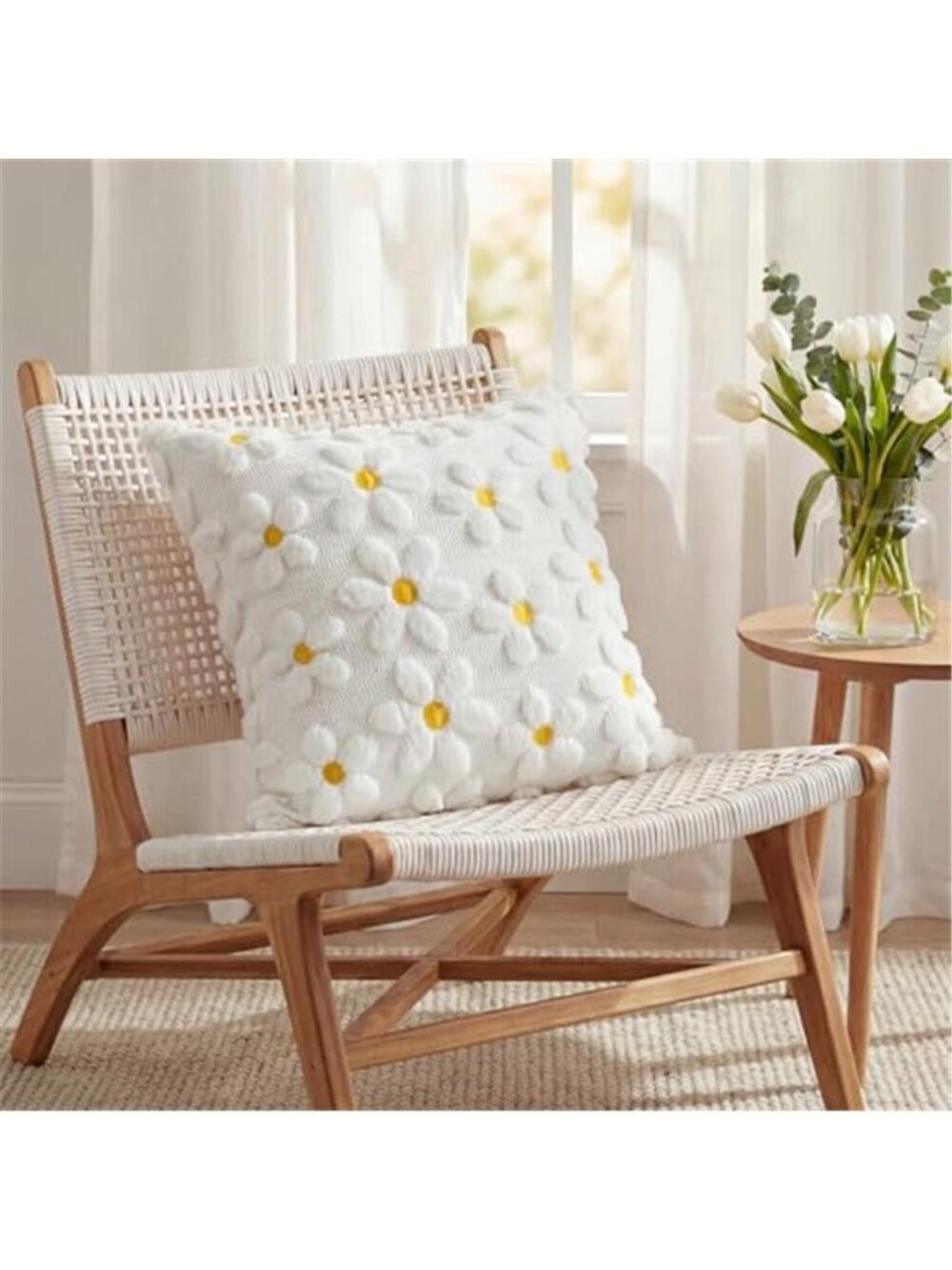 Spring Summer Cream White Daisy Throw Pillow Covers Set of 2, 18x18 - Picture 4 of 7